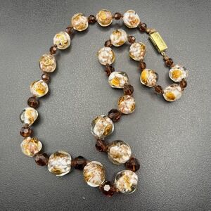 Venetian Art Glass Necklace w/ Gold Foil Beads & Smoky Brown Spacers, 20" WOW!